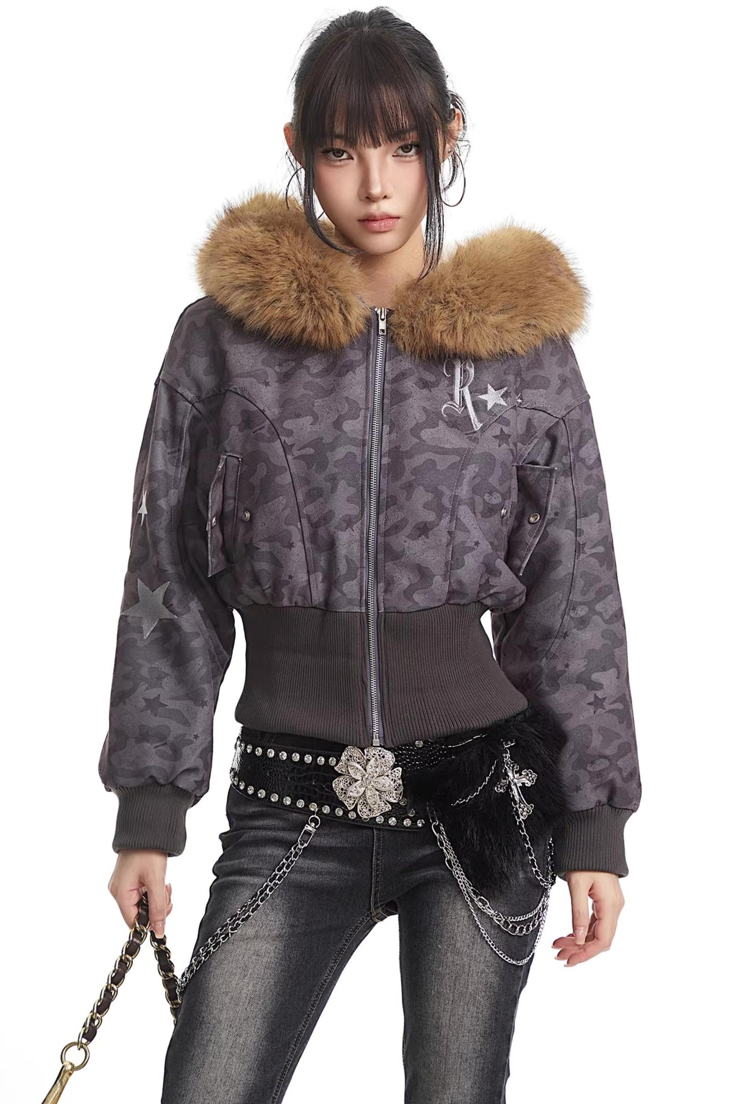 Retro Camouflage Fur Collar Hooded Jacket