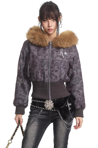 Retro Camouflage Fur Collar Hooded Jacket