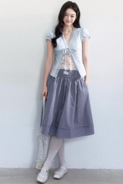 Lace-Up Top and Plaid Skirt Set-Up