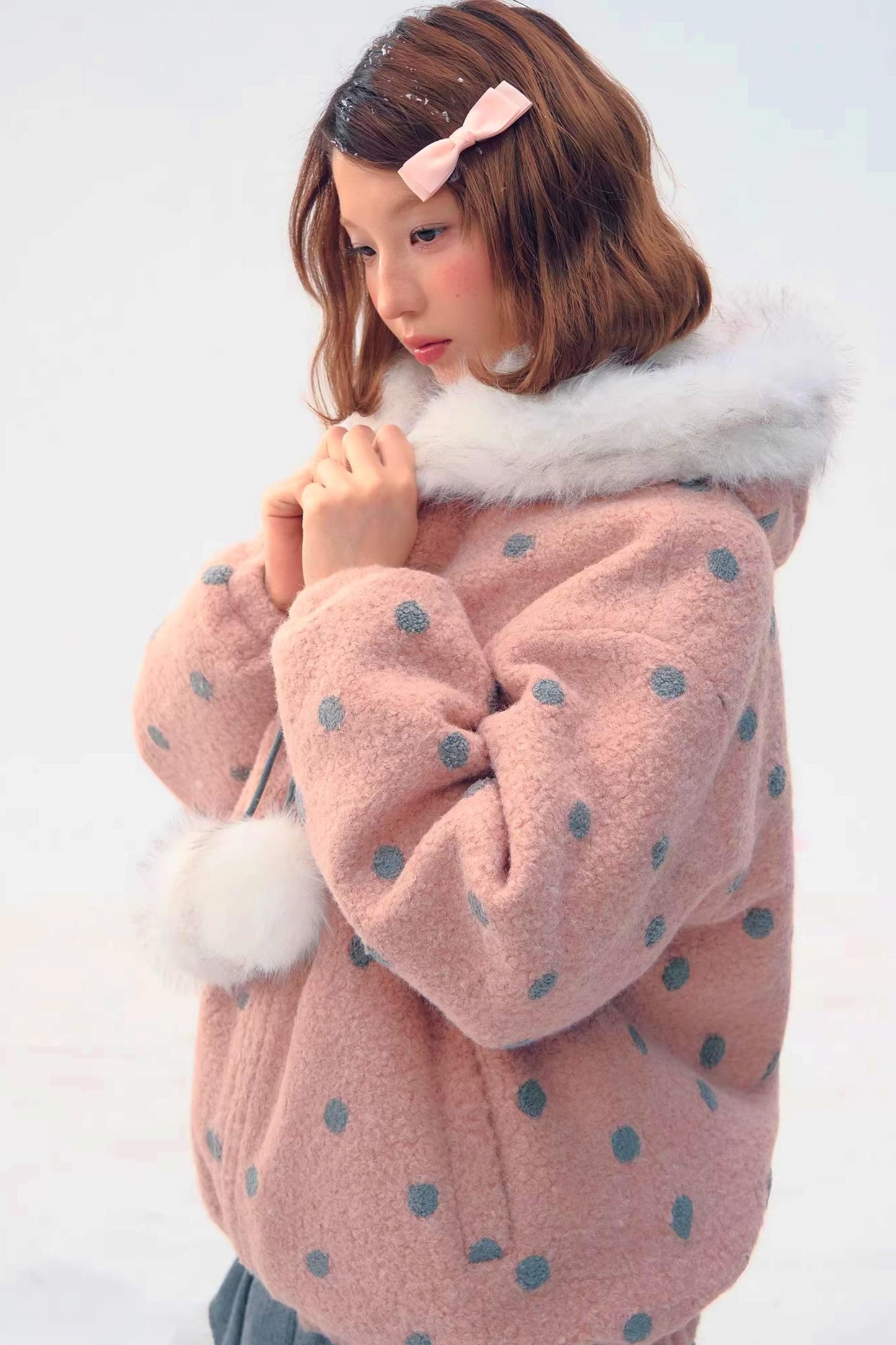 Pink Gray Polka Dot Hooded Jacket