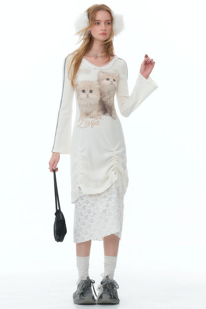 Lace Splicing Cat V-Neck Knitted Dress