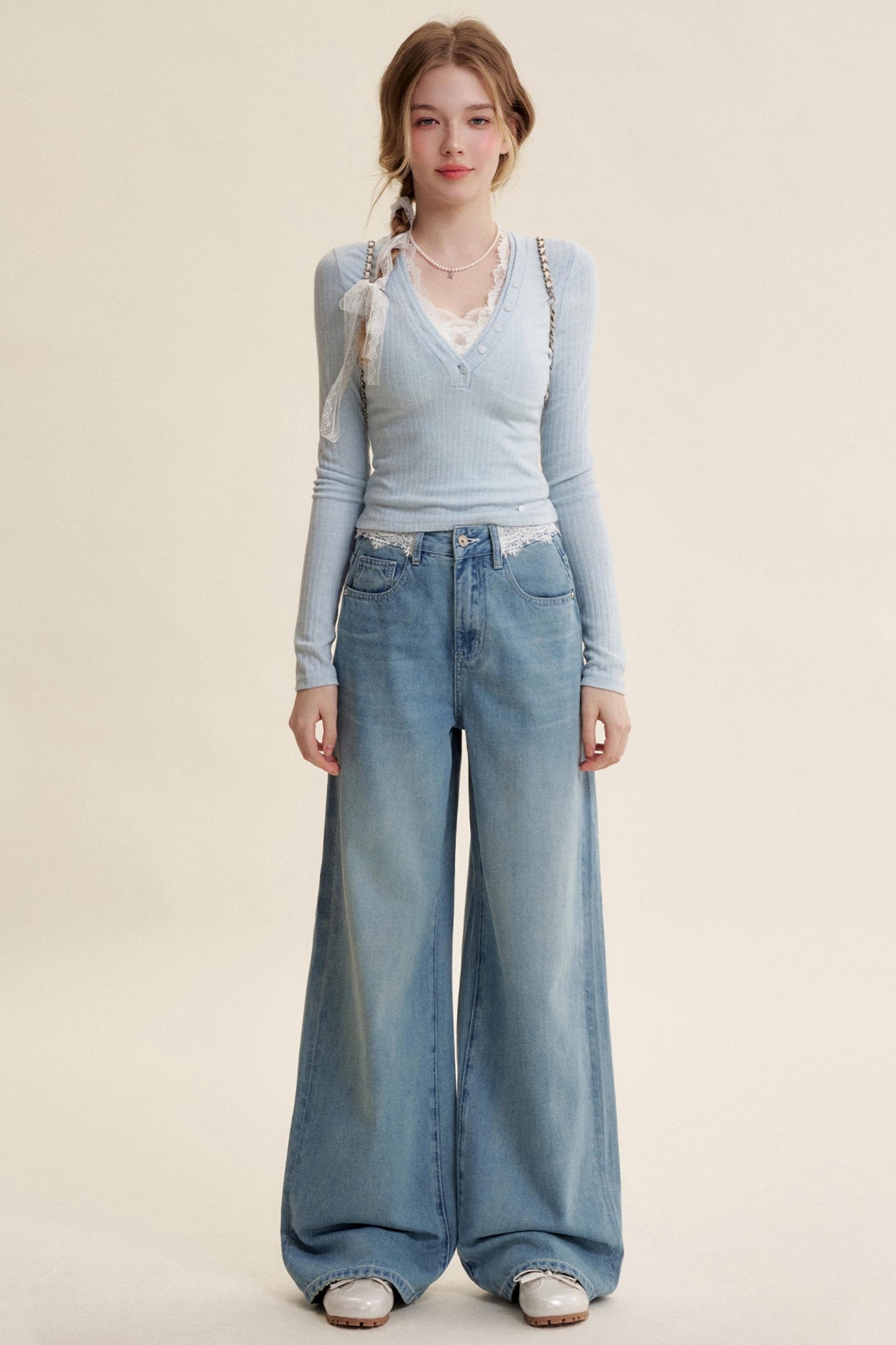 Lace V-Neck Knit Sweater Set-Up