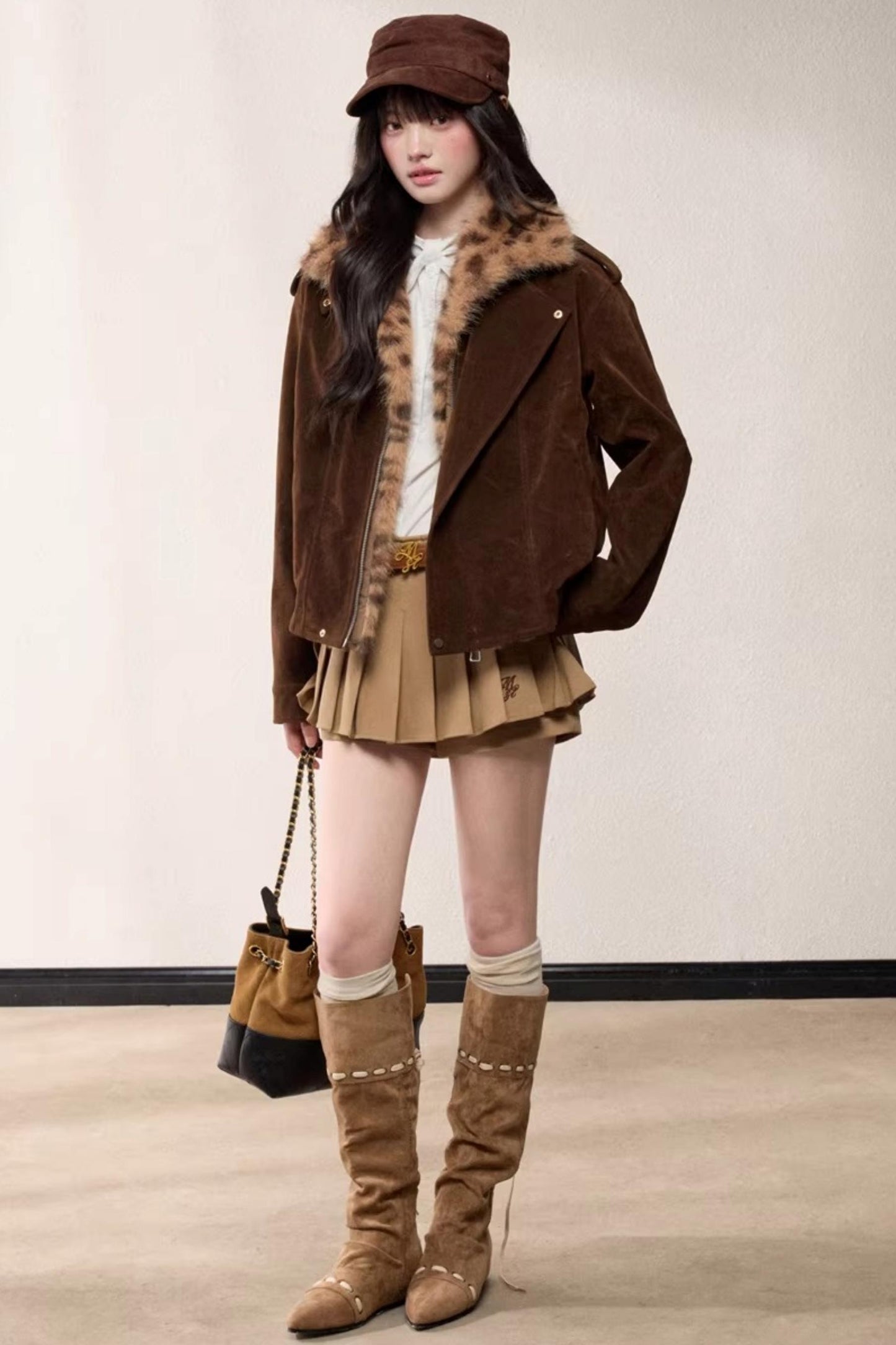 Leopard Print Fur Collar Jacket