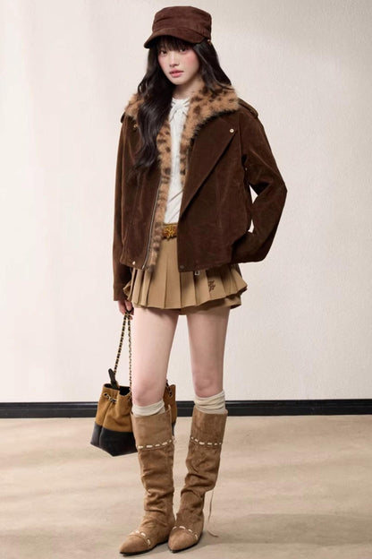 Leopard Print Fur Collar Jacket