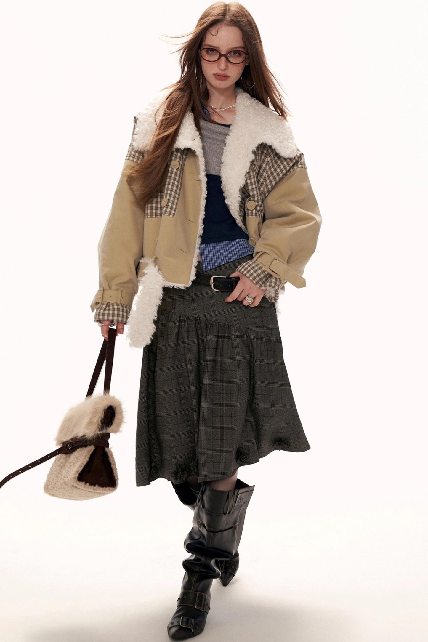 Plaid Fur Collar Large Lapel Jacket