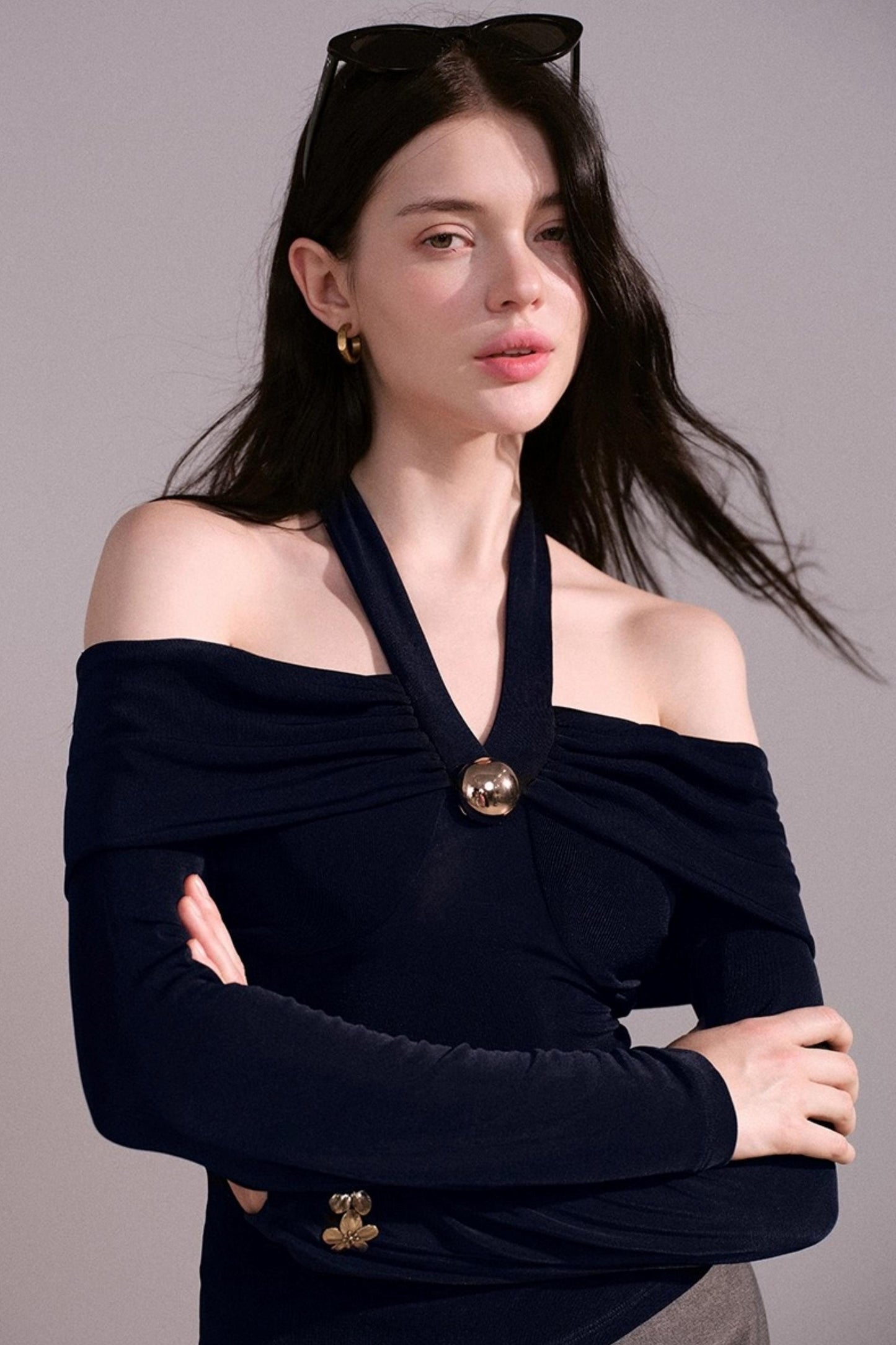 Sense Twisted Navy Halterneck Long Sleeve Top