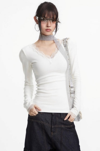White Lace-Trimmed V-Neck Top