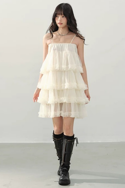 Cream Ruffled Spaghetti Strap Dress