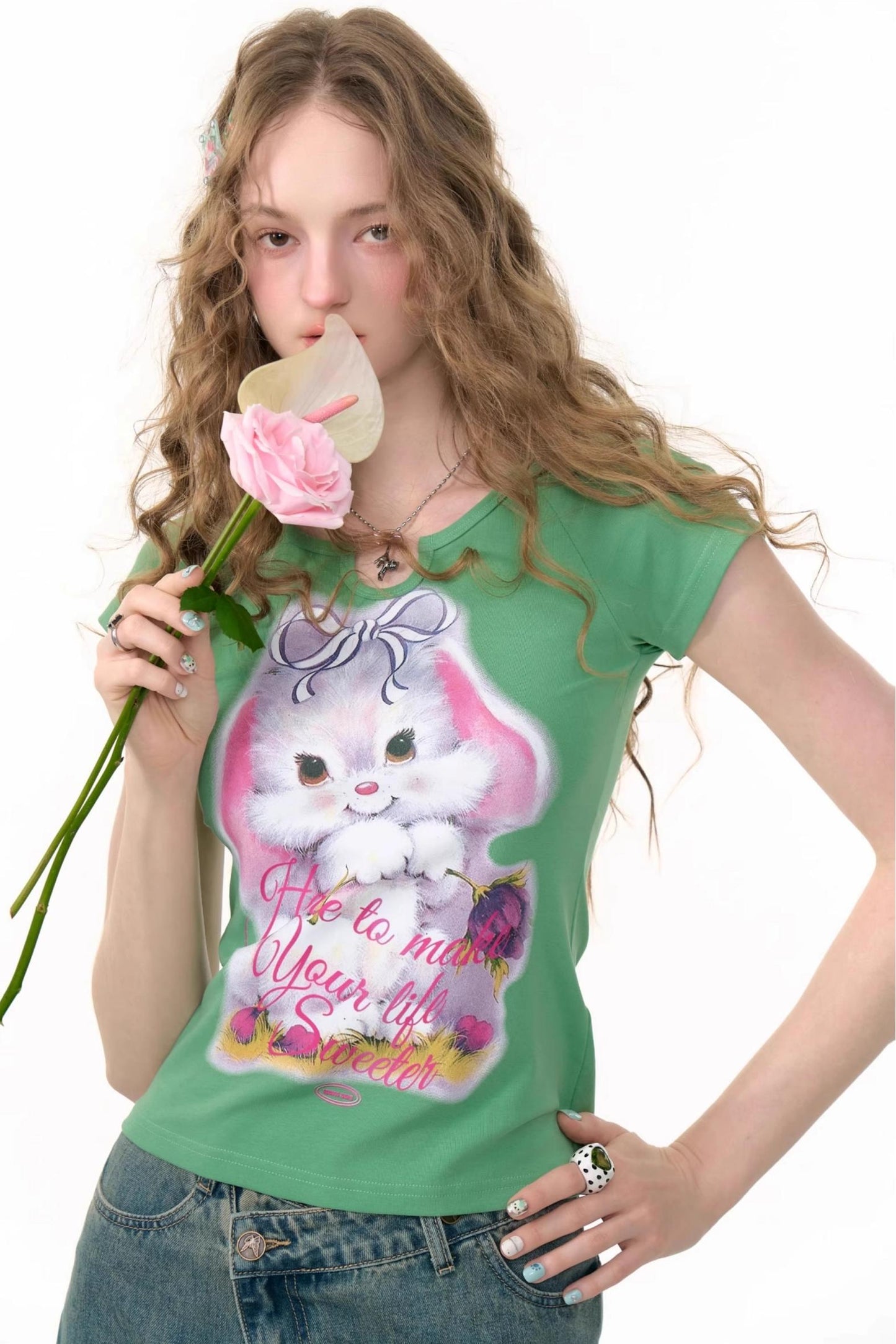 Retro Design Rabbit Print Slim Top
