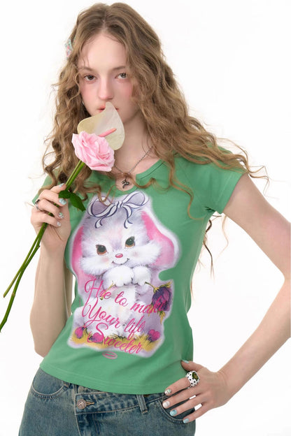 Retro Design Rabbit Print Slim Top