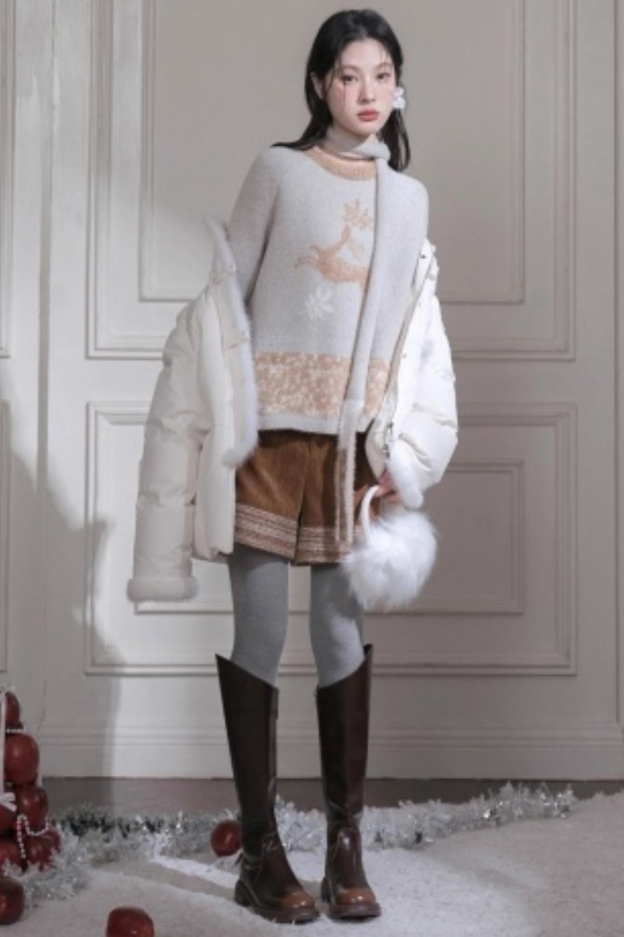 Snow Deer Faux Mink Sweater Scarf Set