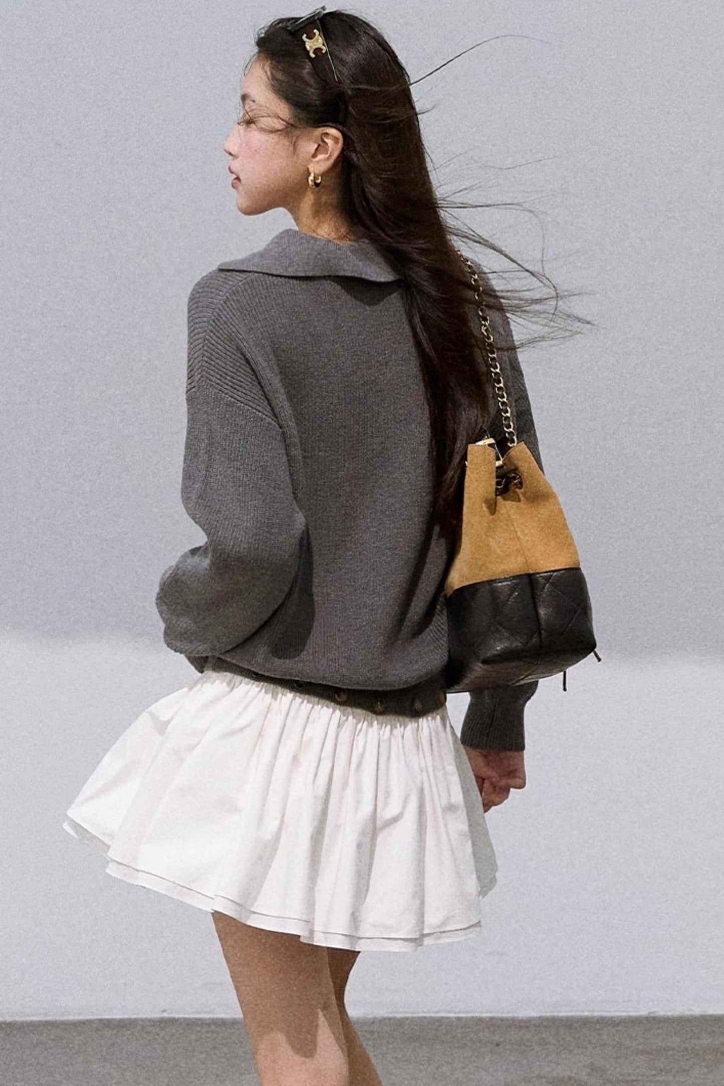 Wool V-Neck Detachable Skirt Dress