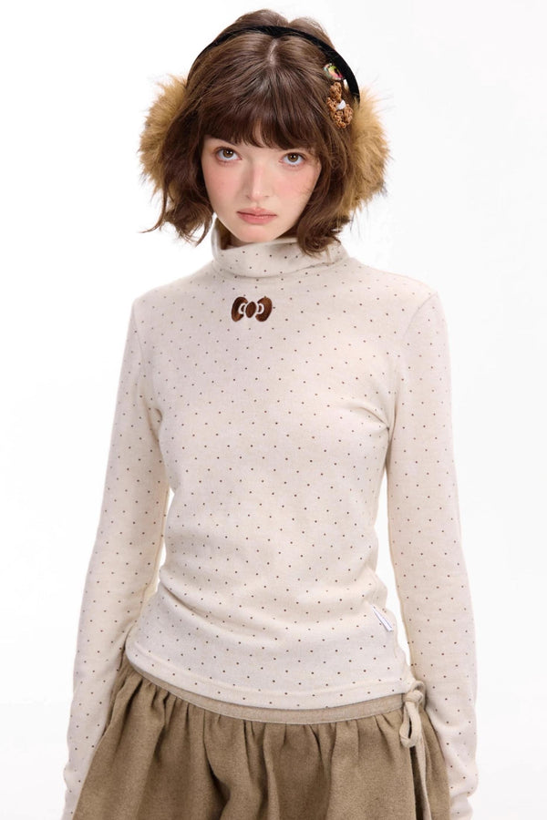 Retro Polka Dot High-Neck Long Sleeve T-Shirt