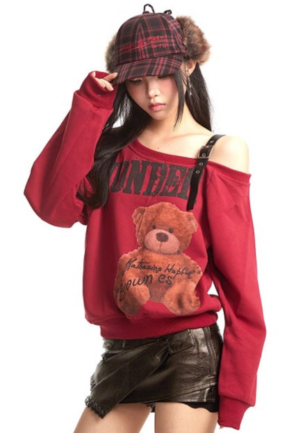 Retro Off-Shoulder Bear Sweatshirt