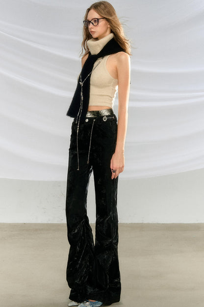 Glossy Leather Pleated Flared Pants