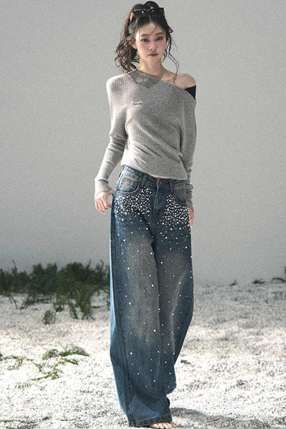 Pantalon en jean bleu clair perlé