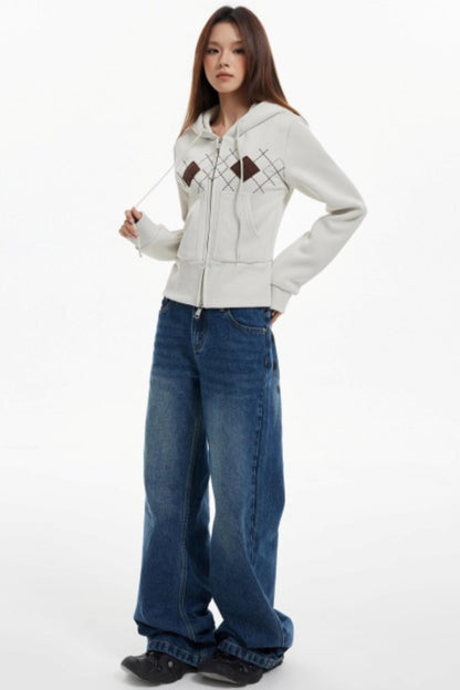 Diamond Plaid Hooded Waist Jacket