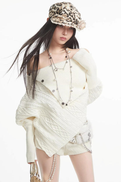 White One-Shoulder Knitted Sweater