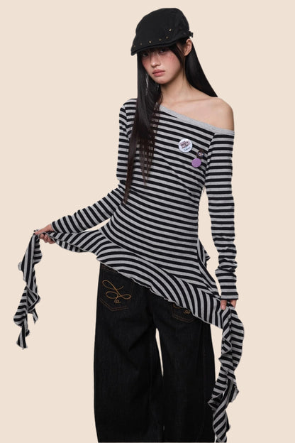 Tassel Detail Slanted Shoulder Top