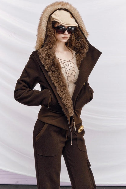 Knitted Hooded Diagonal Jacket Set-Up