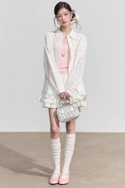 Elegant Hollow-Out Lace Blouse & A-Line Skirt Set-Up
