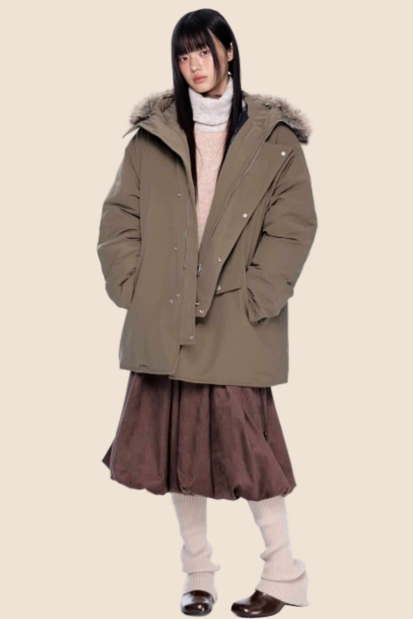 Fur Collar Hooded Parka Coat