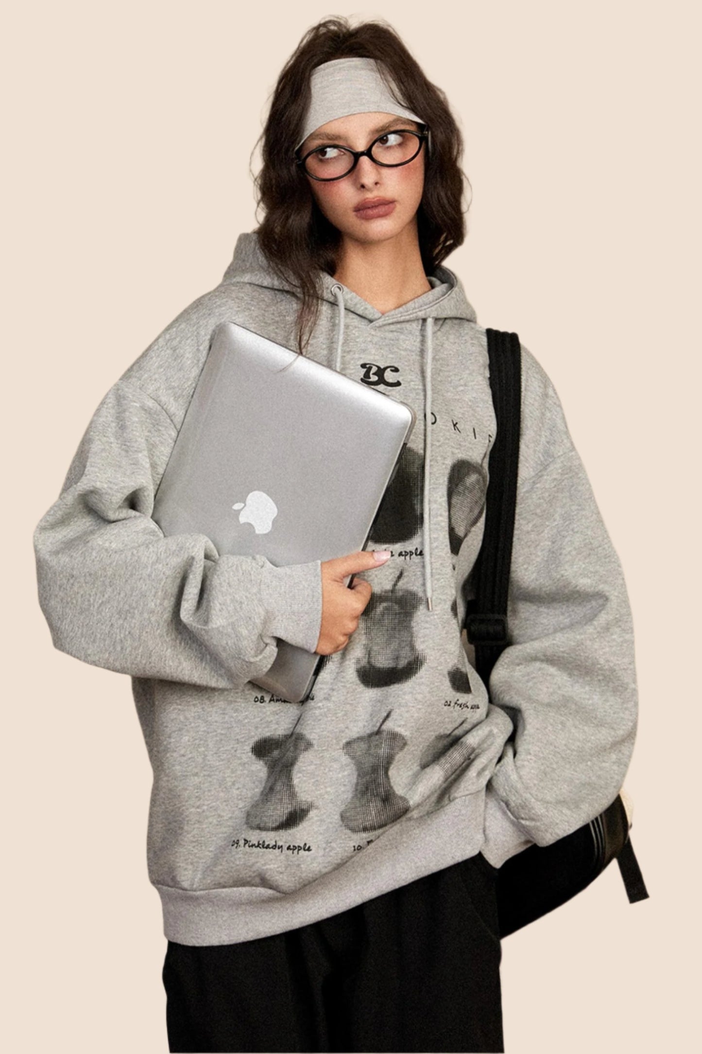 EZEK AMERICAN RETRO ROTTEN APPLE GRAY HOODED SWEATSHIRT WOMEN'S AUTUMN NEW LOOSE SLIM PULLOVER JACKET TIDE