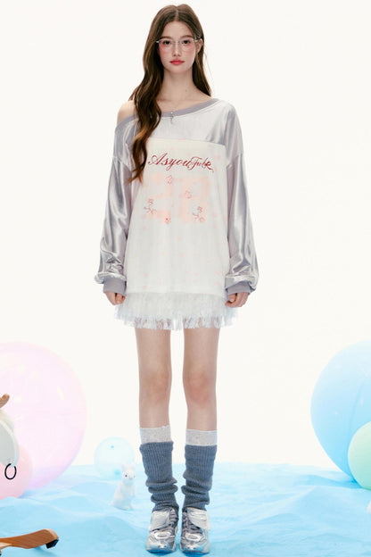 Suspender Design Long-Sleeve Lace T-Shirt