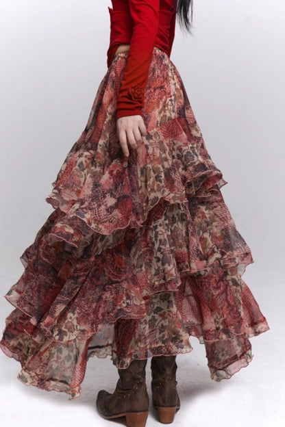Red Floral Tiered Skirt