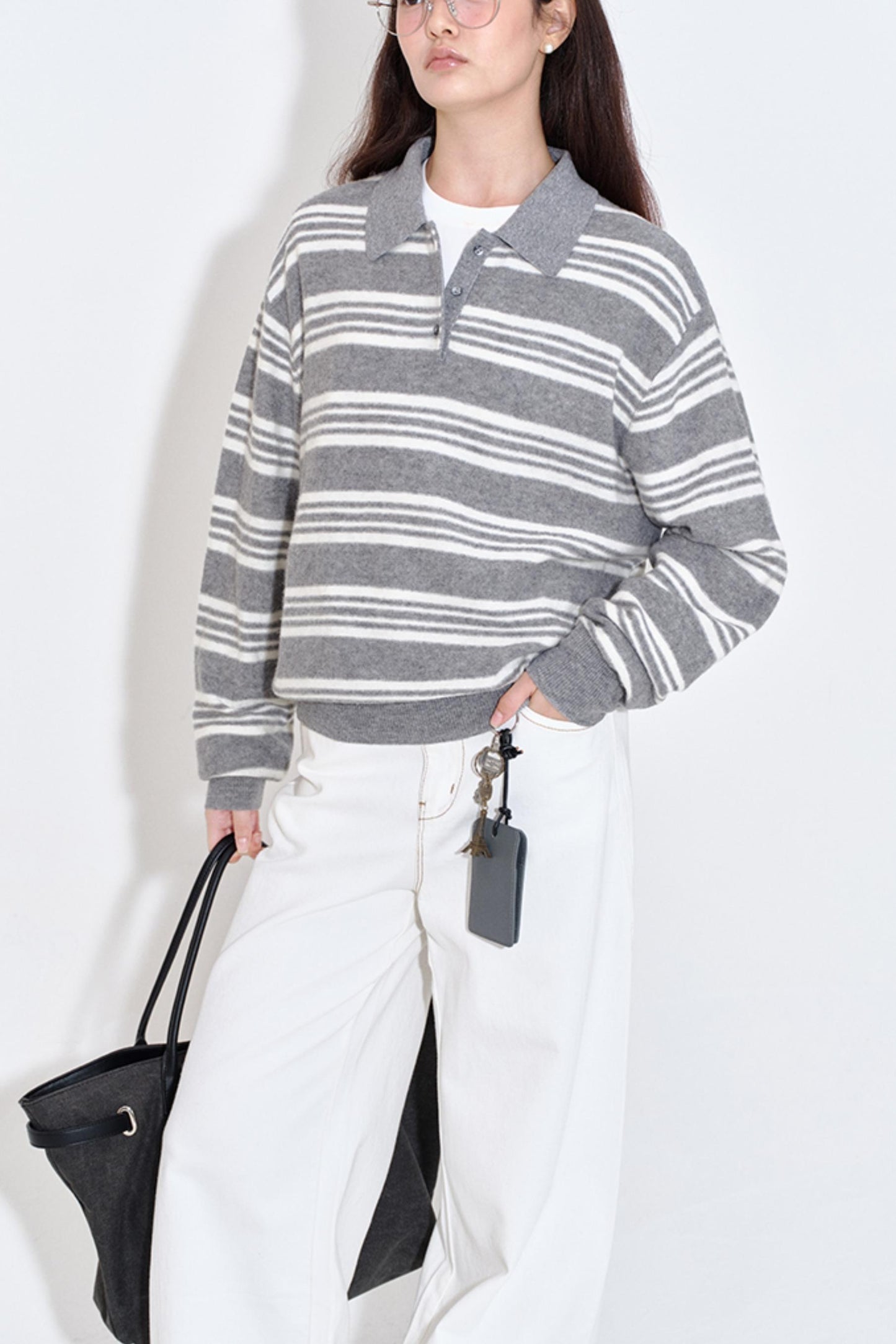 Soft Glutinous Texture Striped Polo Top