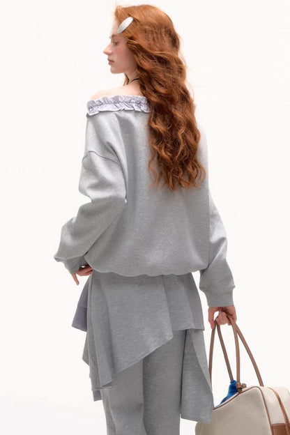 Asymmetrical Striped Ruffle Sweatshirt