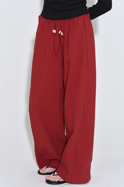 Retro Red Drawstring Bead Sporty Straight Pants
