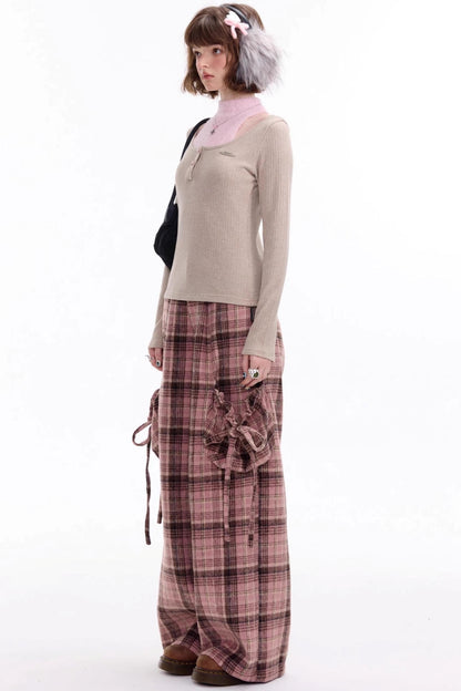 American Pink Plaid Wide-Leg Slacks