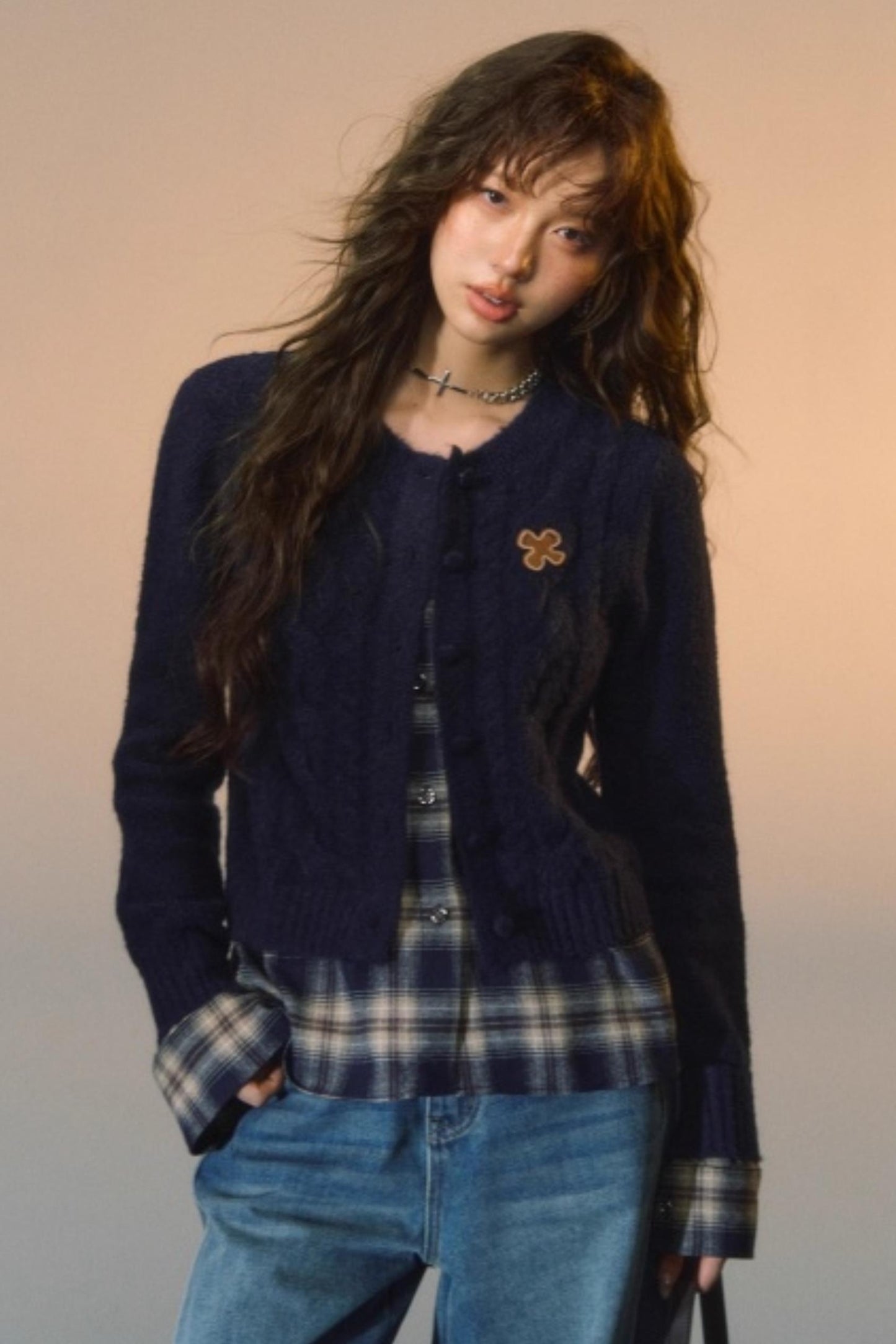 Plaid Patchwork Knit Cardigan
