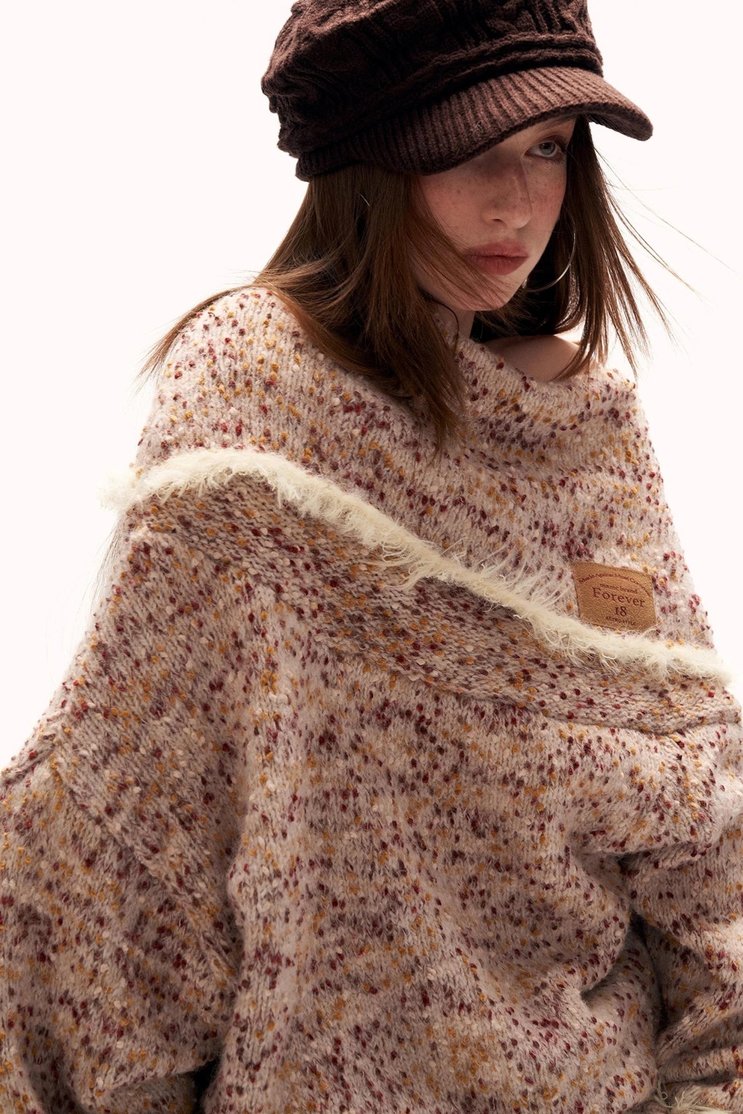 Mixed Yarn Slanted Shoulder Sweater