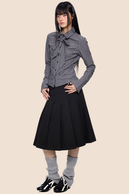 Plaid Lace-Up Bow Blouse