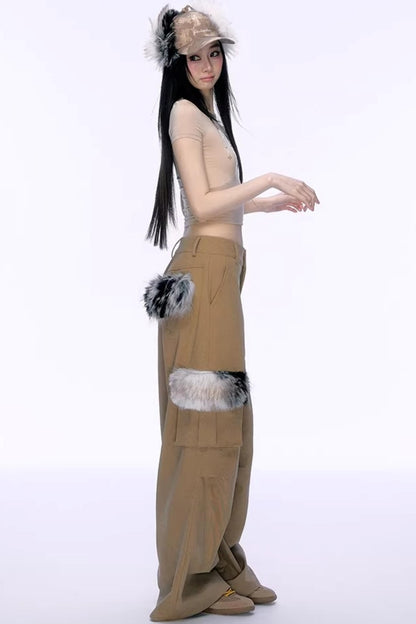 커피색 퍼리 카고 바지