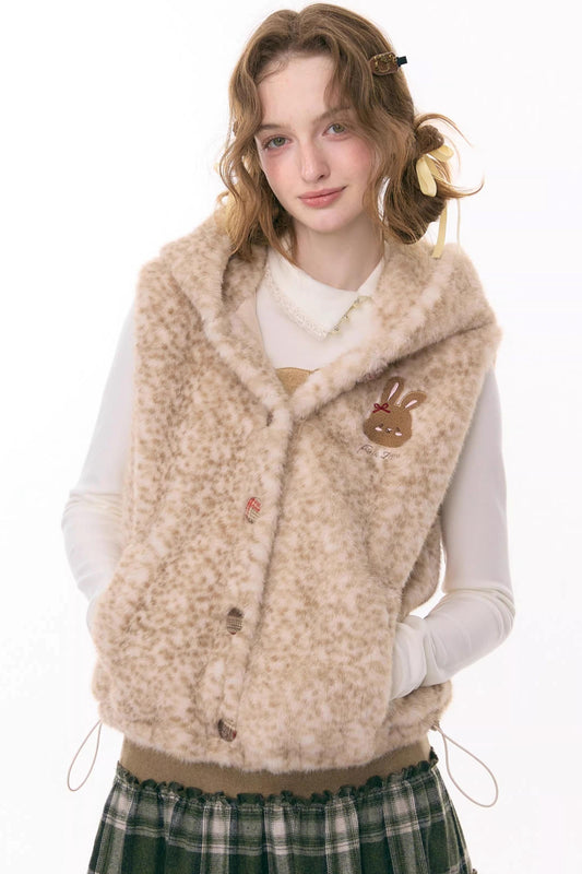 Black Leather Rabbit Hooded Vest Jacket