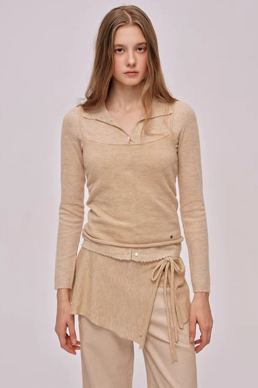 Doll Collar Knitted Cardigan Set-Up