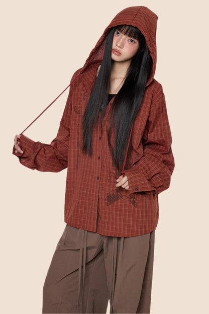 Hooded Plaid Lightweight Loose Jacket