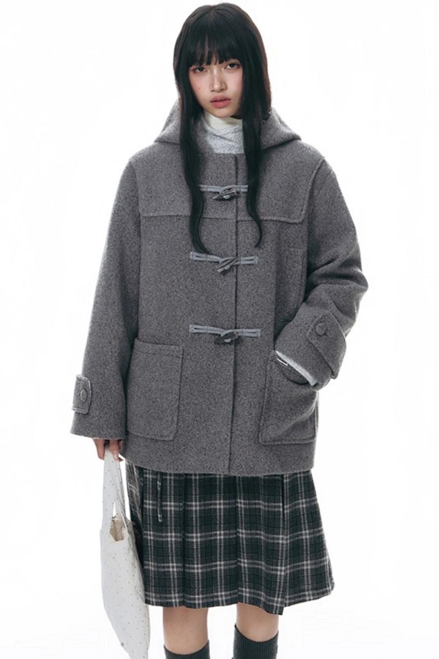 Double Waist Plaid Woolen Pleated Midskirt