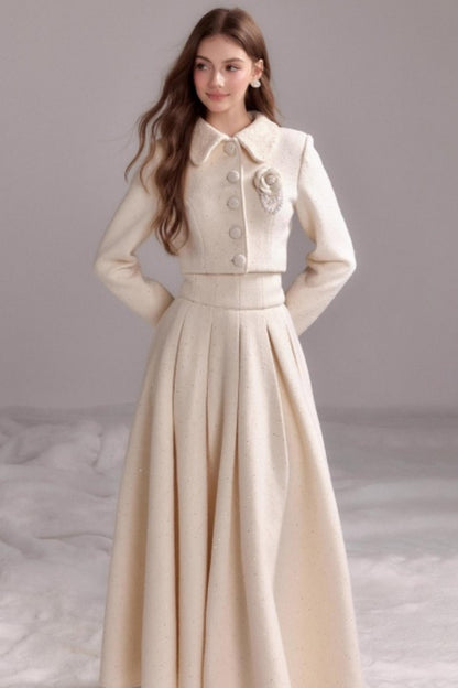 Thin Glitter Lapel Top & Pleated Skirt Set-Up