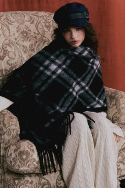 Retro Plaid Tassel Cape Shawl