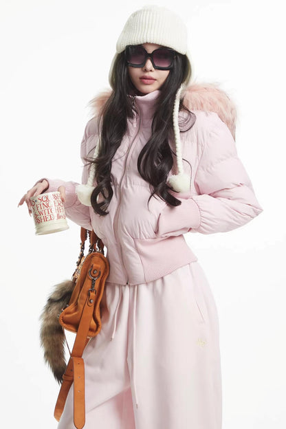 Pink Fur Collar Puffer Jacket