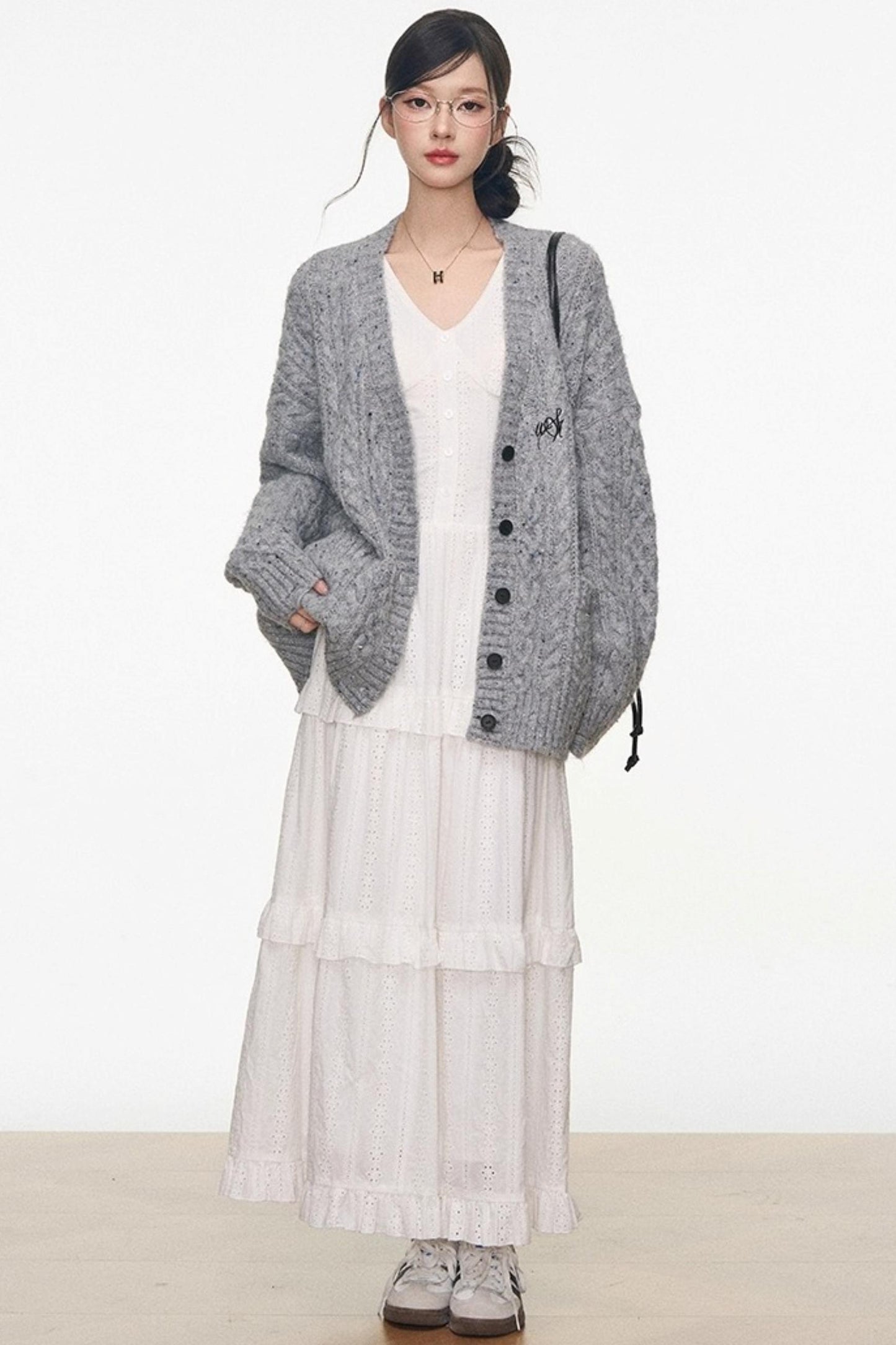 Gray Colored Sweater Cardigan Dress Set-Up