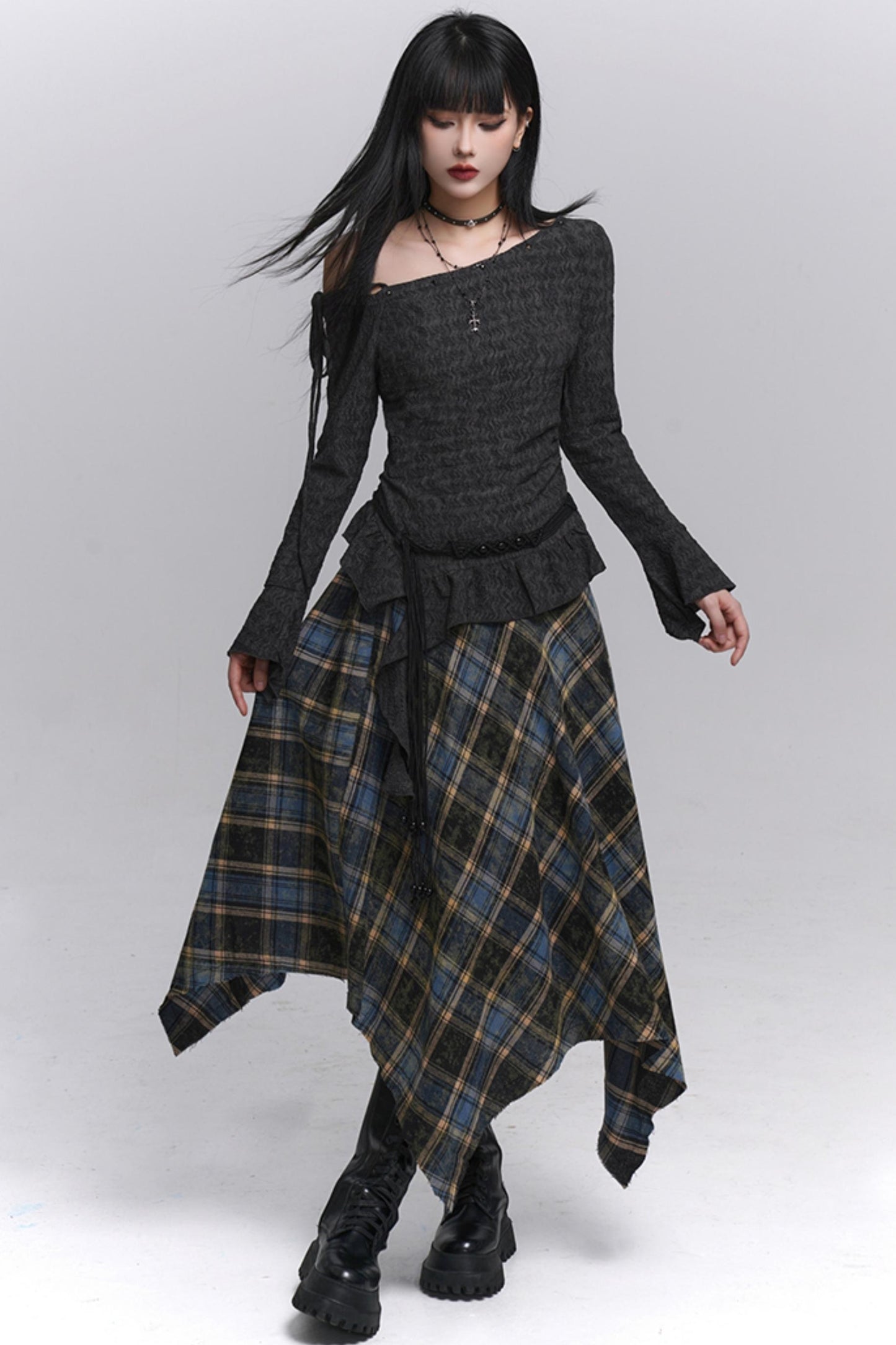 Beautiful Blue Plaid A-Line Skirt & Belt Set