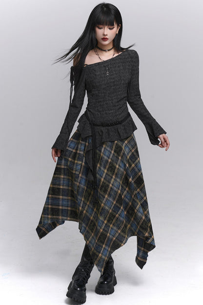 Beautiful Blue Plaid A-Line Skirt & Belt Set