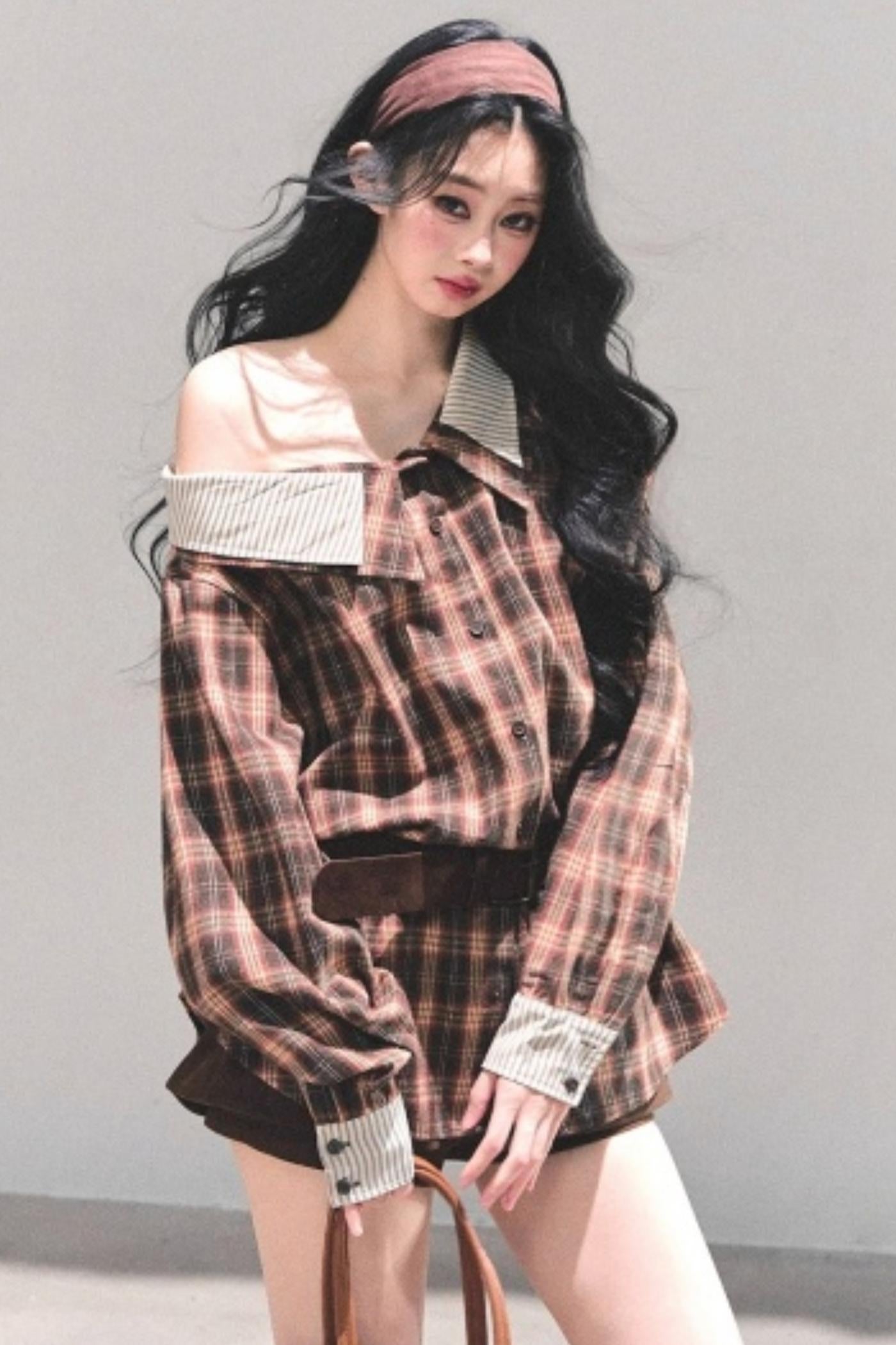 Off-Shoulder Plaid Shirt