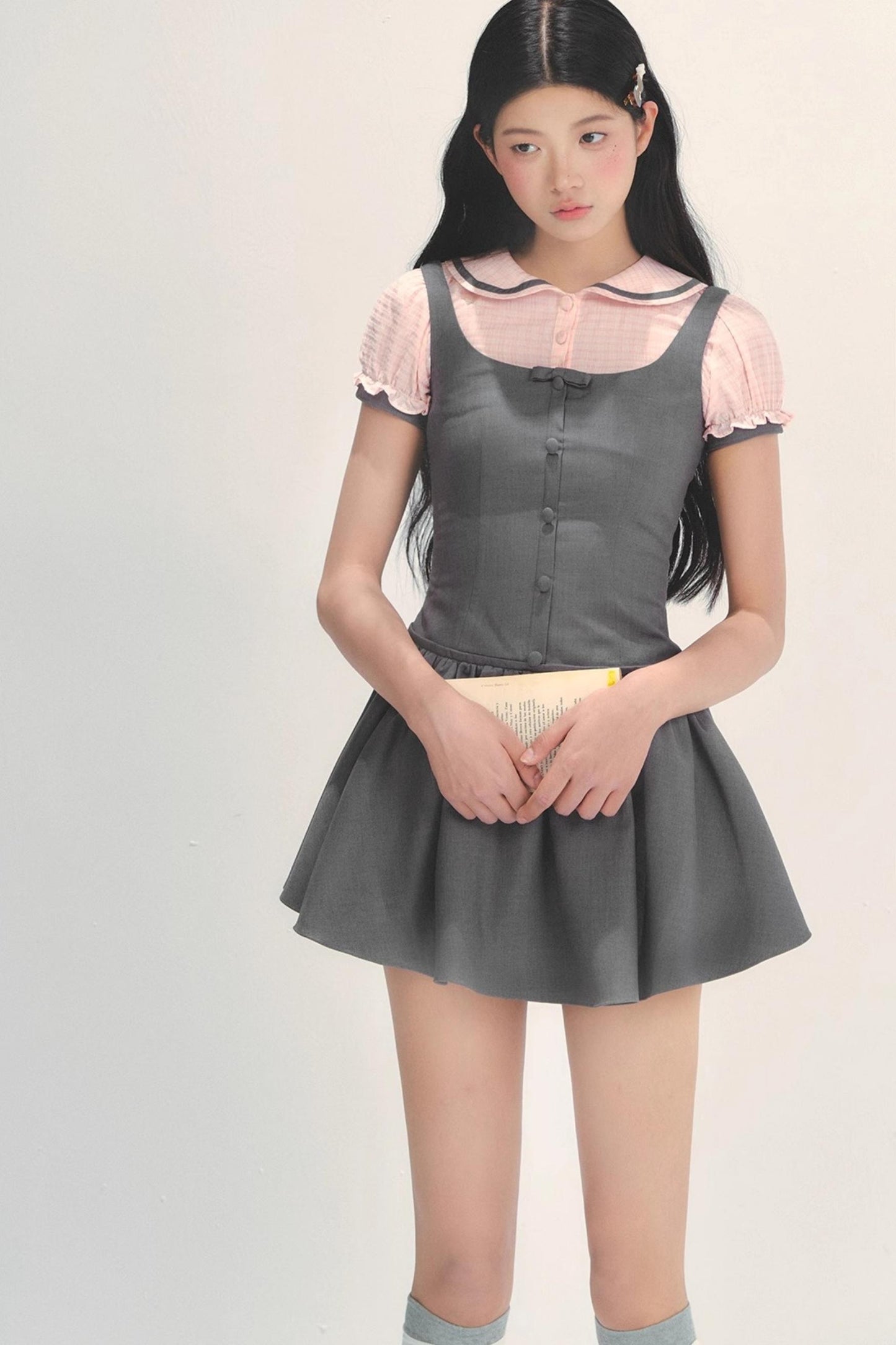 College Style Gray Pink Check Dress