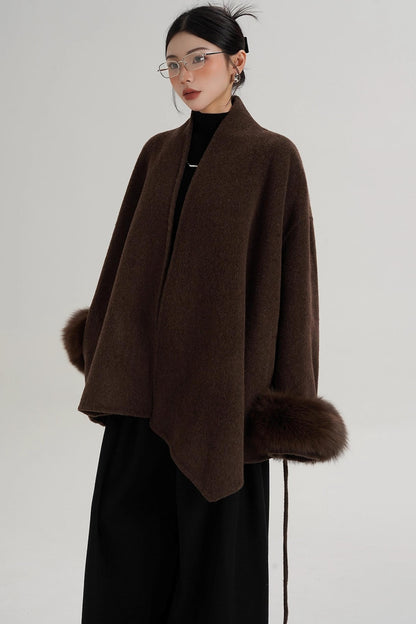 Elegant Fox Fur Sleeve Wool Coat